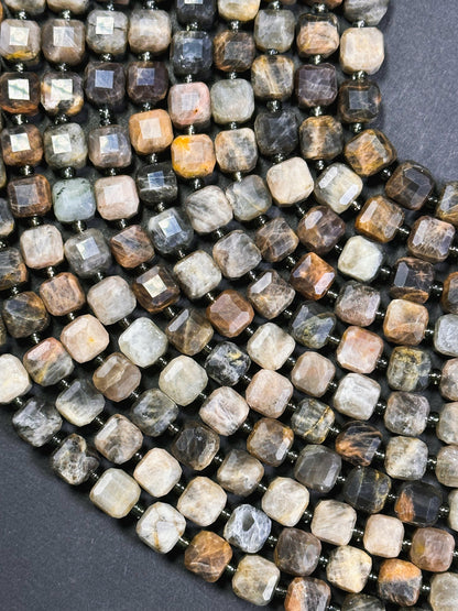 AAA Natural Black Moonstone Gemstone Bead, Faceted 8mm Cube Shape, Beautiful Black Brown Color Moonstone Beads Full Strand 15.5"