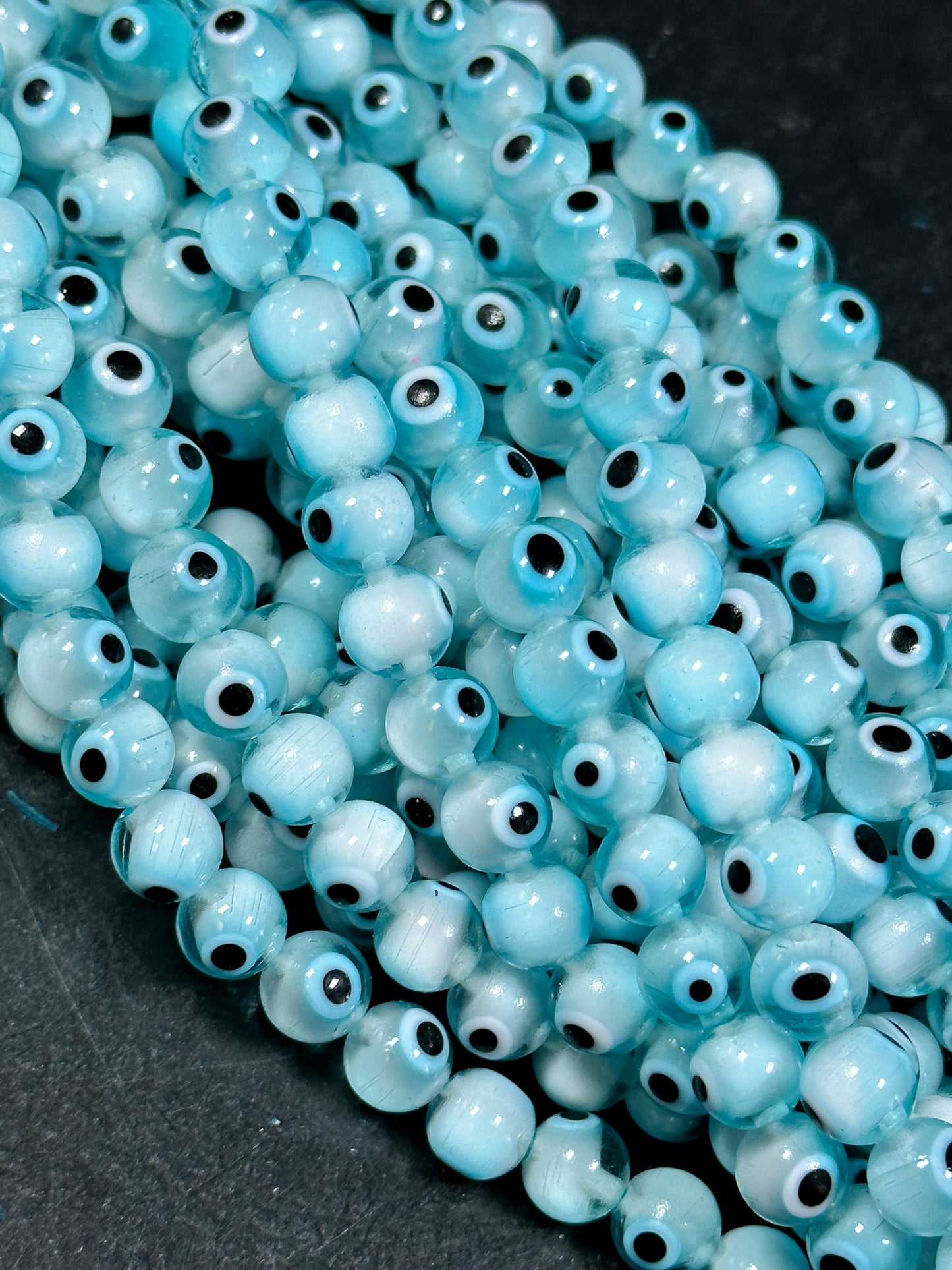 Beautiful Aqua Blue Evil Eye Glass Beads 8mm Round Beads, Beautiful Aqua Blue Clear Evil Eye Amulet Glass Beads, Full Strand Glass Beads