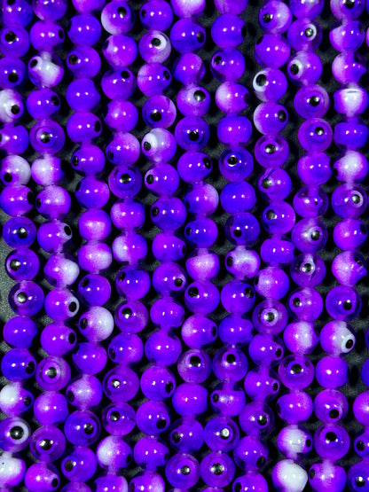 Beautiful Purple Evil Eye Glass Beads 6mm Round Beads, Beautiful Purple Clear Color Evil Eye Amulet Glass Beads, Full Strand Glass Beads