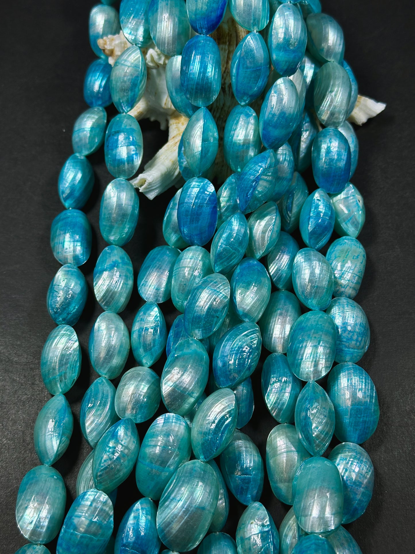 Natural Blue Sea Shell Beads, Natural 24x12mm Sea Shell Oval Shape Beads, Gorgeous Aqua Sea Blue Color Sea Shell Beads, 15.5" Strand