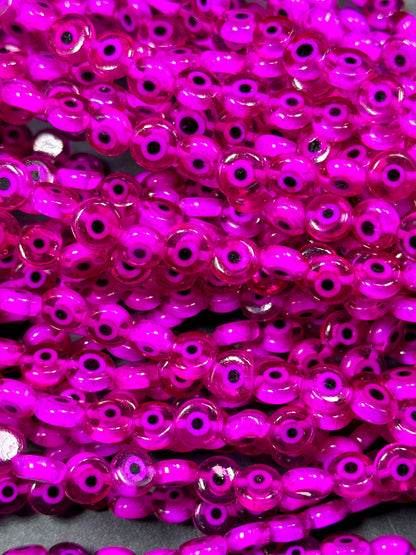 Beautiful Evil Eye Glass Beads 6mm 8mm Flat Coin Shape, Beautiful Hot Pink Magenta Color Evil Eye Beads, Religious Amulet Prayer Beads