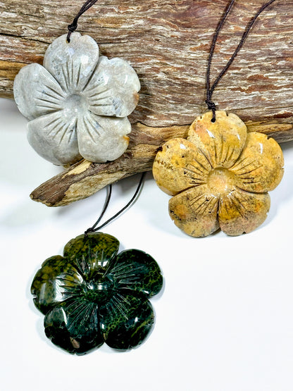 Hand Carved Natural Ocean Jasper Gemstone Pendant 53mm Flower Shape, Beautiful Green White Yellow Color Hand Carved Ocean Jasper Pendant