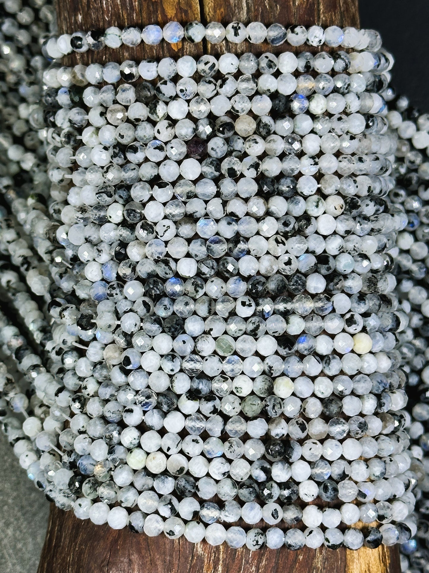 AAA Natural Blue Flash Moonstone Gemstone Bead Faceted 4.5mm Round Bead, Gorgeous Natural White Blue Flash Moonstone w/ Black Specks 15.5"