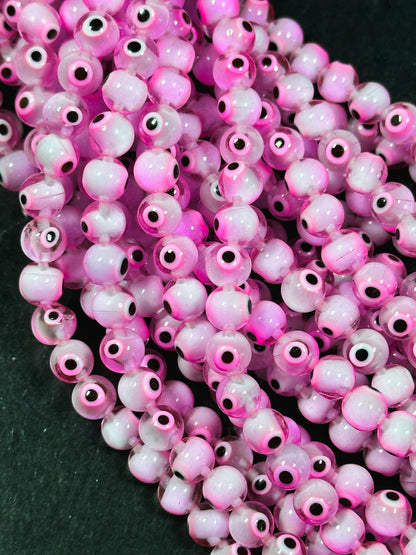 Beautiful Pink Evil Eye Glass Beads 4mm 6mm 8mm Round Beads, Beautiful Pink Clear Evil Eye Amulet Glass Beads, Full Strand Glass Beads