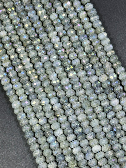 Mystic Natural Labradorite Gemstone Bead Faceted 8x5mm Rondelle Shape, Gorgeous Natural Gray Rainbow Blue Flash Labradorite Full Strand 15.5