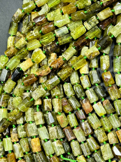 Natural Green Garnet Gemstone Bead Faceted 12x7mm Tube Shape, Beautiful Natural Green Brown Color Garnet Gemstone Bead Great Quality 15.5"