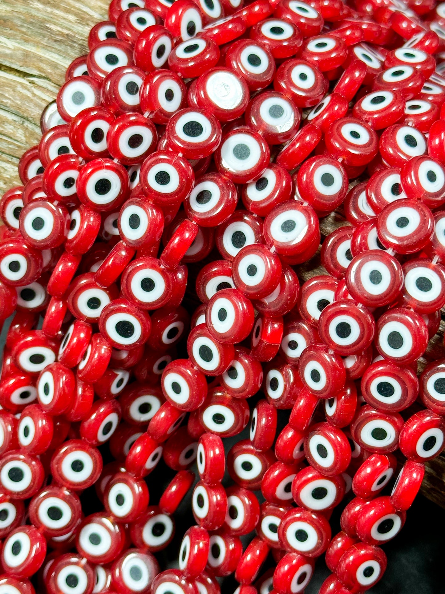 Beautiful Evil Eye Glass Beads 8mm 10mm Flat Coin Shape, Beautiful Dark Red Color Evil Eye Glass Beads, Religious Amulet Prayer Beads