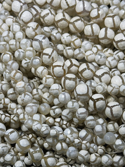 Natural White Hand Painted Tibetan Agate Gemstone Bead Faceted 6mm 8mm 10mm 12mm Round Beads, White Soccer Ball Design Full Strand 15.5"