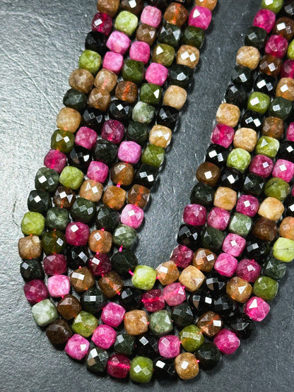 Natural Tourmaline Gemstone Bead Faceted 5mm 7mm Cube Shape, Beautiful Multicolor Black Pink Green Brown Tourmaline Bead, Full 15.5" Strand