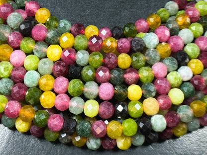 Natural Tourmaline Quartz Gemstone Bead Faceted Rondelle Shape Bead, Beautiful Multicolor Green Yellow Pink Tourmaline Quartz, 15.5" Strand