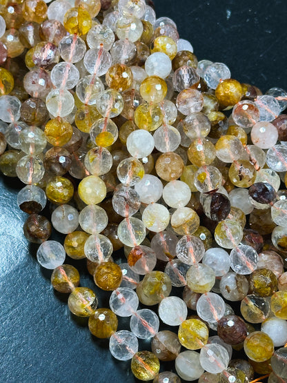 Natural Rutilated Golden Healer Quartz Gemstone Bead Faceted 6mm 8mm 10mm Round Bead, Beautiful Golden Yellow Clear Quartz Bead 15.5" Strand