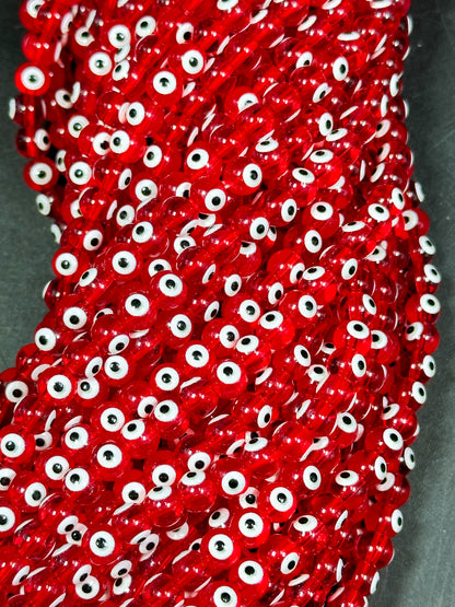 Beautiful Red Evil Eye Glass Beads 6mm Round Beads, Beautiful Red Clear Color Evil Eye Amulet Glass Beads, Full Strand Glass Beads