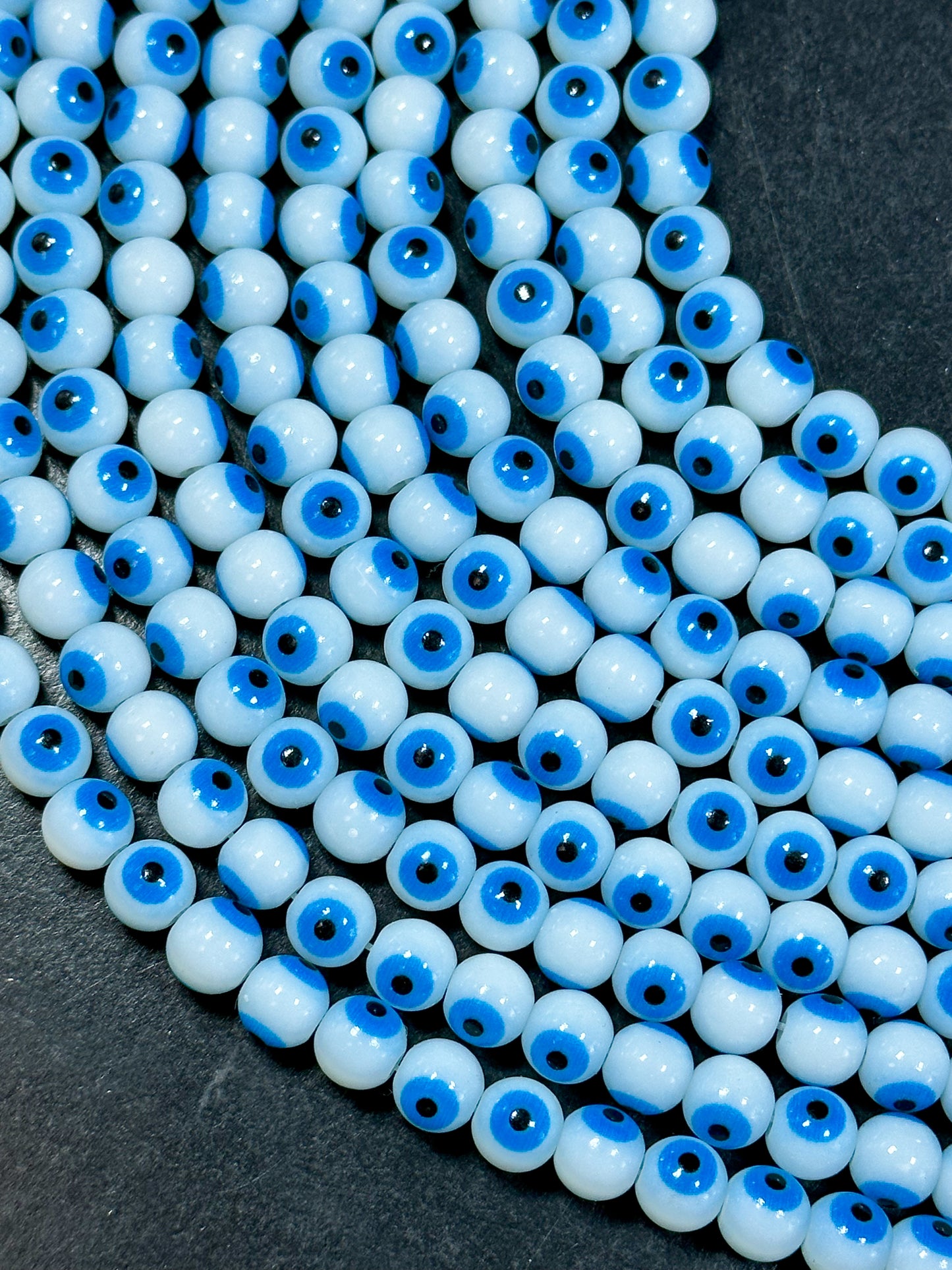 Beautiful Evil Eye Glass Beads 8mm Round Beads, Beautiful White with Blue Eyes Evil Eye Amulet Glass Beads, Full Strand Glass Beads