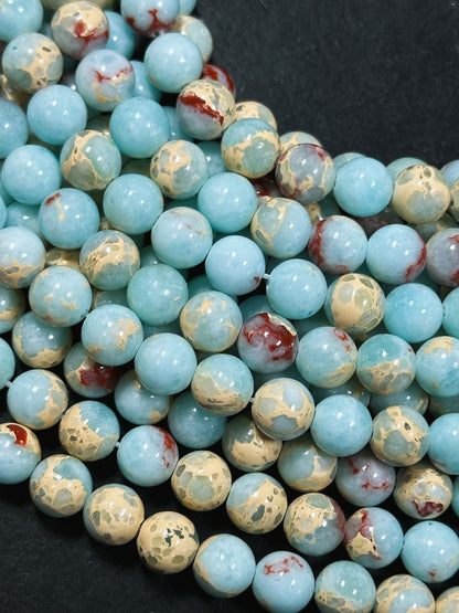 Natural Sea Sediment Jasper Gemstone Bead 6mm 8mm 10mm Round Beads, Beautiful Blue Red Beige Color Imperial Jasper Beads Full Strand 15.5"