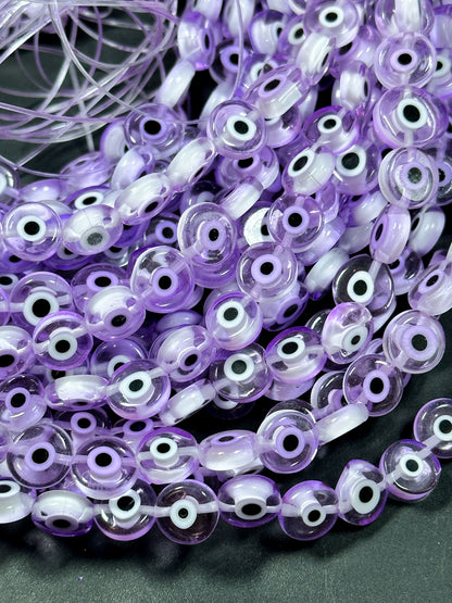 Beautiful Evil Eye Glass Beads 6mm 8mm 10mm Flat Coin Shape, Beautiful Purple Clear Color Evil Eye Glass Beads, Religious Amulet Prayer Beads