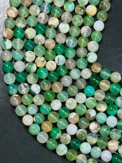 AAA Natural Green Blossom Flower Agate 6mm 8mm 10mm Round Beads, Beautiful Green Beige Color Flower Agate Beads, Excellent Quality Full Strand 15.5"