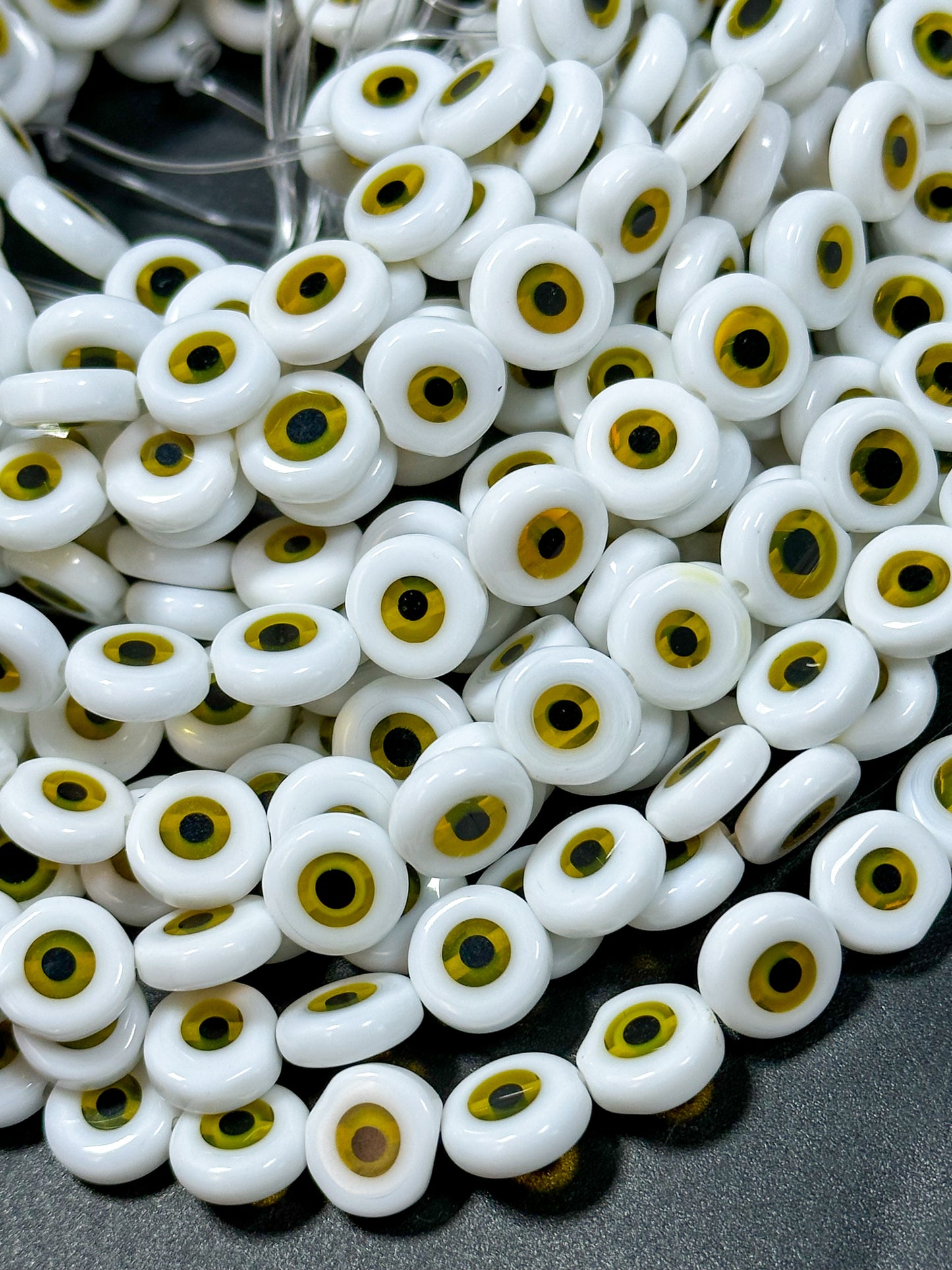 Beautiful Evil Eye Glass Beads 6mm 10mm Flat Coin Shape, Beautiful White with Yellow Evil Eye Glass Beads, Religious Amulet Prayer Beads