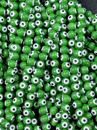 Beautiful Green Evil Eye Glass Beads 6mm 8mm Round Beads, Beautiful Green Evil Eye Amulet Glass Beads, Full Strand Evil Eye Glass Beads