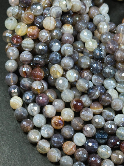 Mystic Natural Botswana Agate Gemstone Bead Faceted 8mm Round Beads, Beautiful Natural Multicolor Gray Brown Botswana Agate Stone Bead 15.5"