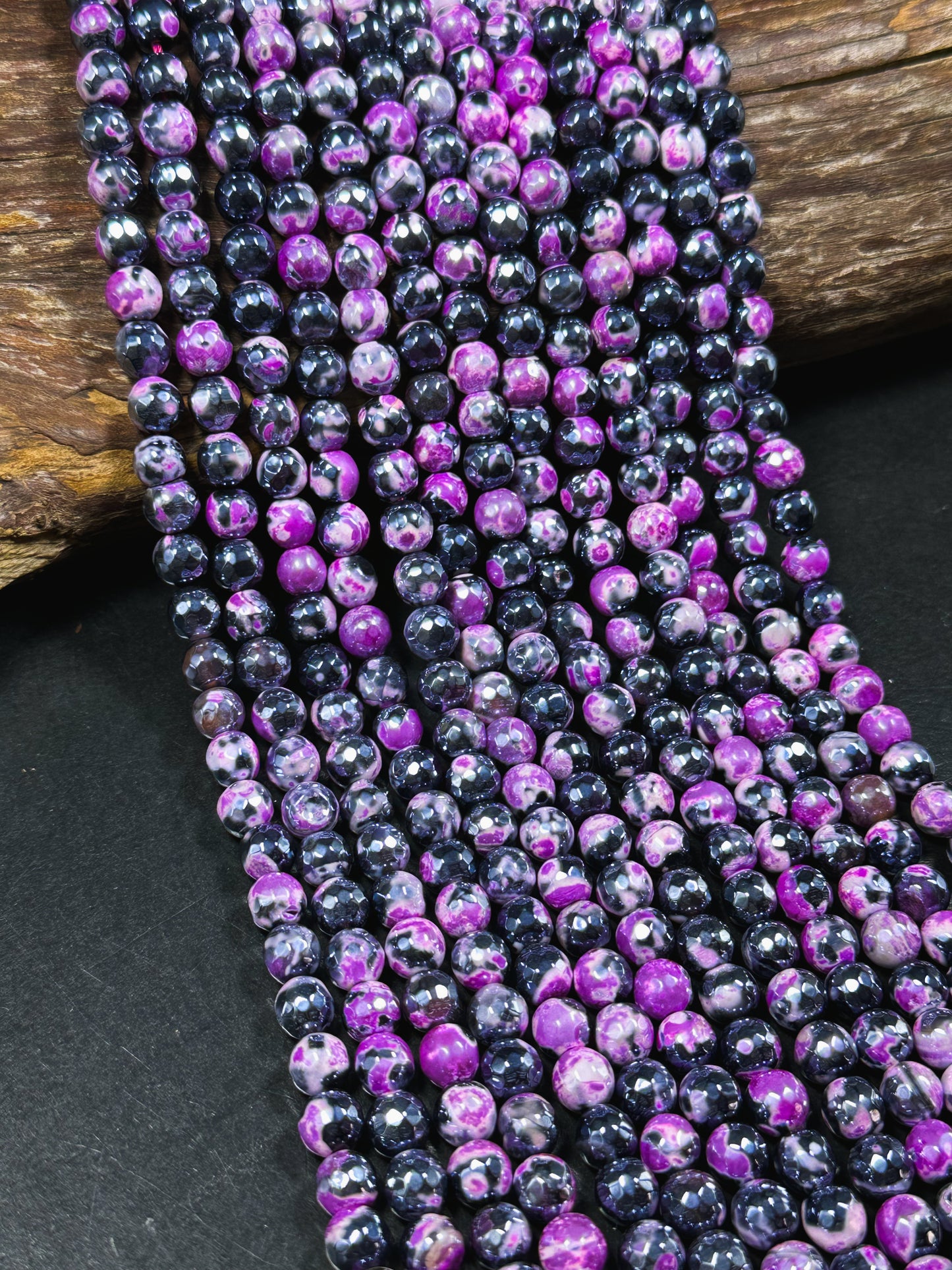 Mystic Natural Tibetan Agate Gemstone Bead Faceted 8mm 10mm Round Beads, Beautiful Mystic Black Pink Agate Stone Beads, Full Strand 15.5"