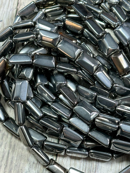 Natural Hematite Gemstone Bead Faceted 14x10mm Rectangle Shape Bead, Beautiful Metallic Gray Color Hematite Gemstone Bead, Full Strand 15.5"