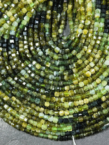 AAA Natural Green Tourmaline Gemstone Bead Faceted 3mm Cube Bead, Beautiful Natural Multi Green Tourmaline Beads Excellent Quality 15.5"