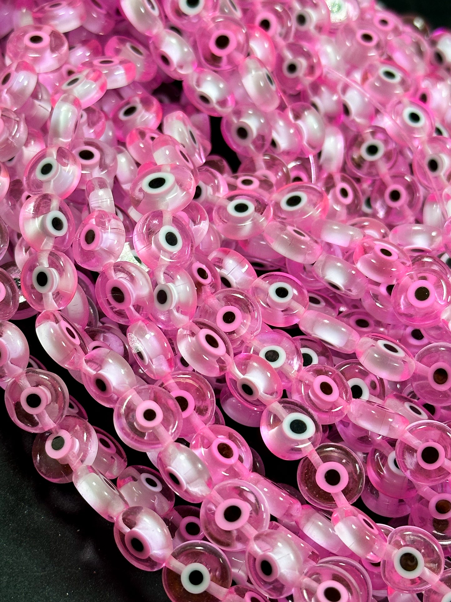 Beautiful Evil Eye Glass Beads 6mm 8mm 10mm Flat Coin Shape, Beautiful Pink Clear Color Evil Eye Glass Beads, Religious Amulet Prayer Beads