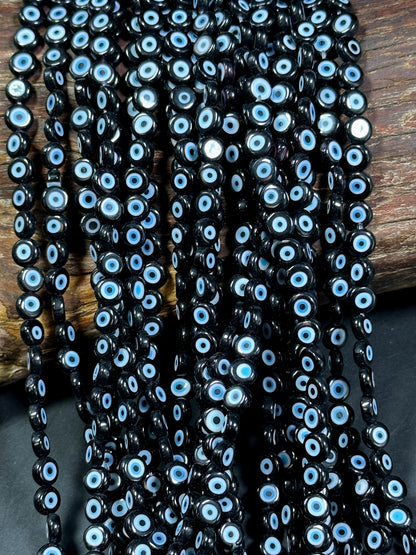 Beautiful Evil Eye Glass Bead 6mm Flat Coin Shape, Beautiful Black Color with BLUE Eyes Evil Eye Glass Beads, Religious Amulet Prayer Beads