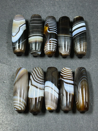 AAA NATURAL Botswana Agate Gemstone Bead 40x13mm Barrel/Tube Shape Bead, Gorgeous Brown, Dark Brown White Color Botswana Agate LOOSE Beads