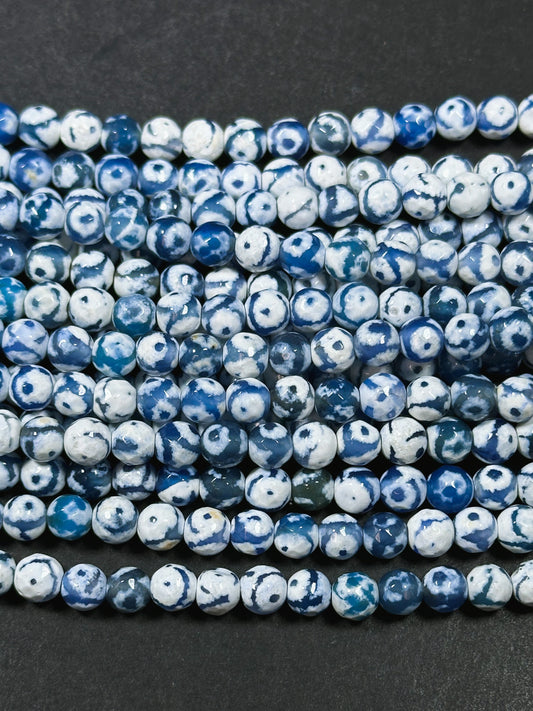 Natural Tibetan Agate Gemstone Bead Faceted 6mm Round Beads, Beautiful Hand Painted White Blue Color Eye Design Tibetan Bead Full 15" Strand