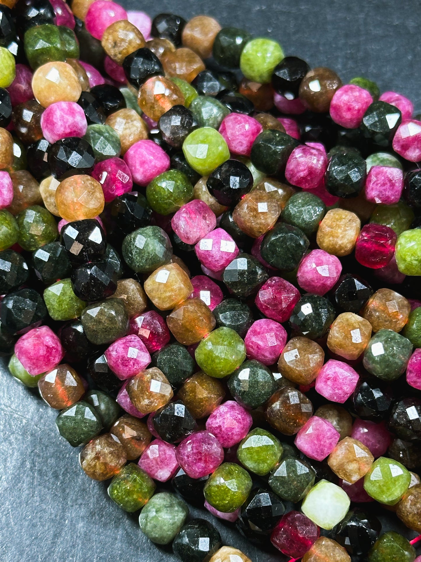 Natural Tourmaline Gemstone Bead Faceted 5mm 7mm Cube Shape, Beautiful Multicolor Black Pink Green Brown Tourmaline Bead, Full 15.5" Strand