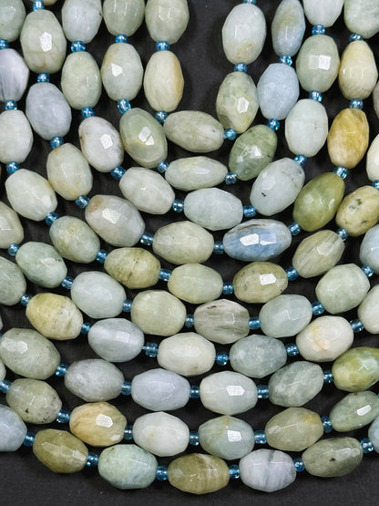 Natural Aquamarine Gemstone Bead Faceted 14x10mm Barrel Shape, Beautiful Natural Blue Green Color Aquamarine Great Quality Full Strand 15.5