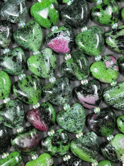 Natural Ruby Zoisite Gemstone Bead 14mm Heart Shape, Beautiful Natural Green Ruby Red Color Zoisite Bead Great Quality Full Strand 15.5"