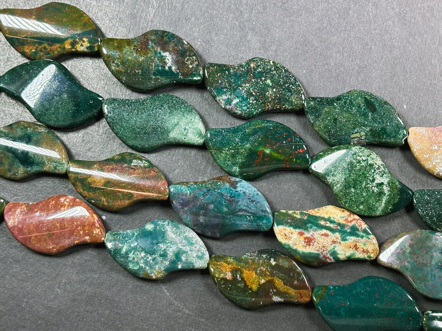 Natural Bloodstone Gemstone Bead 37x22mm Wave Shape, Beautiful Natural Dark Green Multicolor Bloodstone Gemstone Beads, Full Strand 15.5"