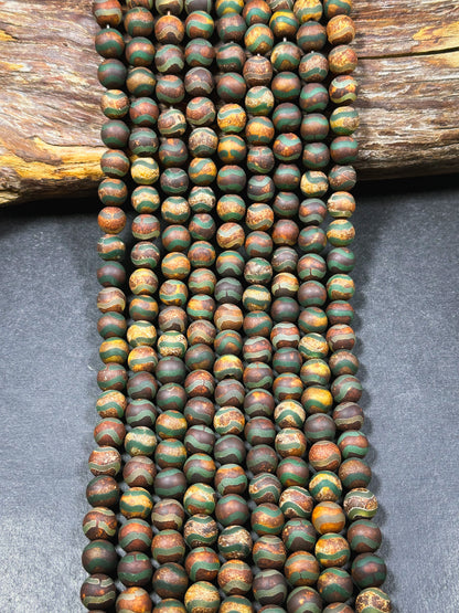 Natural Tibetan Agate Gemstone Bead 6mm 10mm 12mm Round Bead, Beautiful Brown Green Wave Design Tibetan Agate Gemstone Full Strand 15.5”