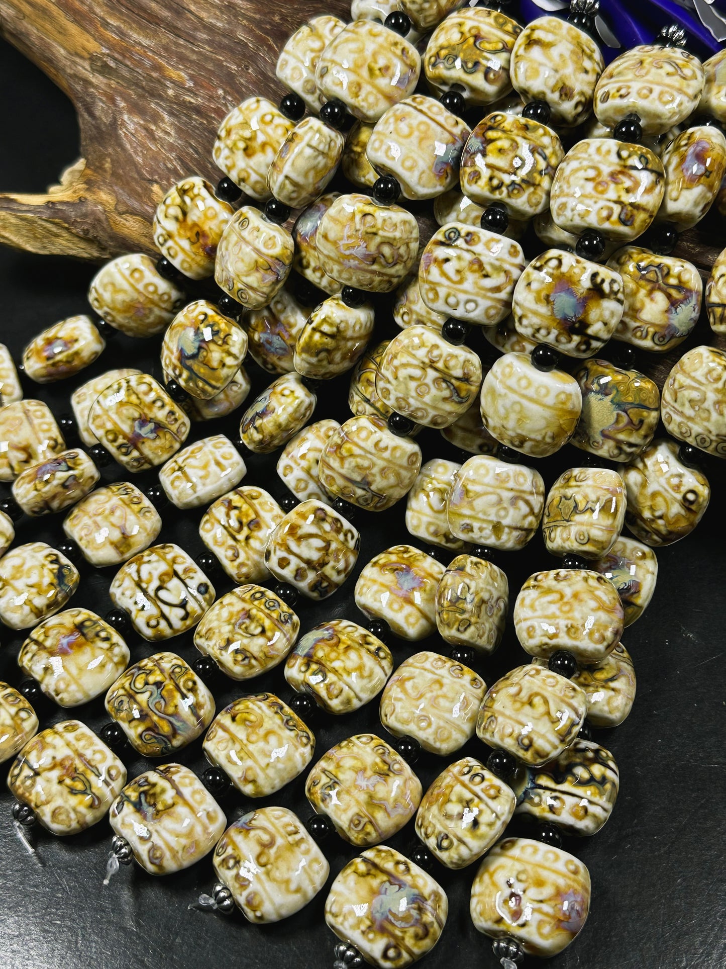 Beautiful Hand Painted Porcelain Beads, 22x20mm Unique Hand Painted Beige Porcelain Square Shape Beads, Gorgeous Beige Porcelain Beads 8"