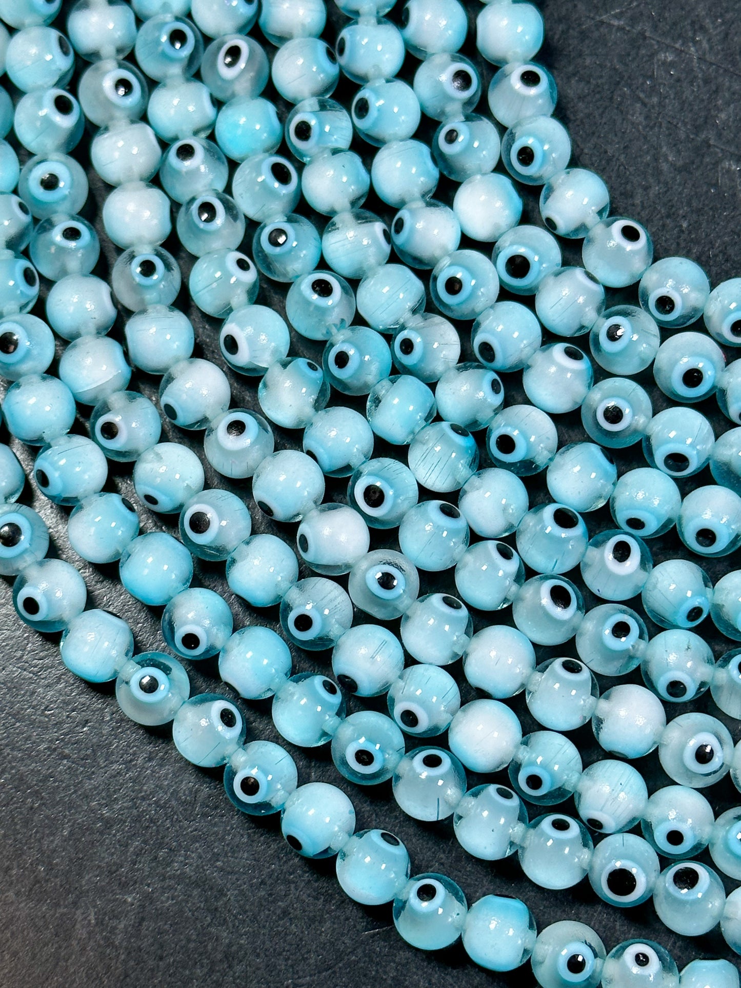 Beautiful Aqua Blue Evil Eye Glass Beads 8mm Round Beads, Beautiful Aqua Blue Clear Evil Eye Amulet Glass Beads, Full Strand Glass Beads