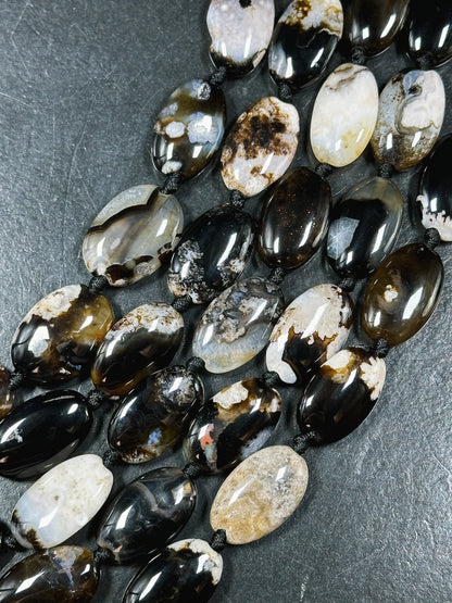 Natural Black Blossom Flower Agate Gemstone Bead, Oval Shape, Gorgeous Natural Black Beige Color Flower Agate Beads, Excellent Quality 15.5"