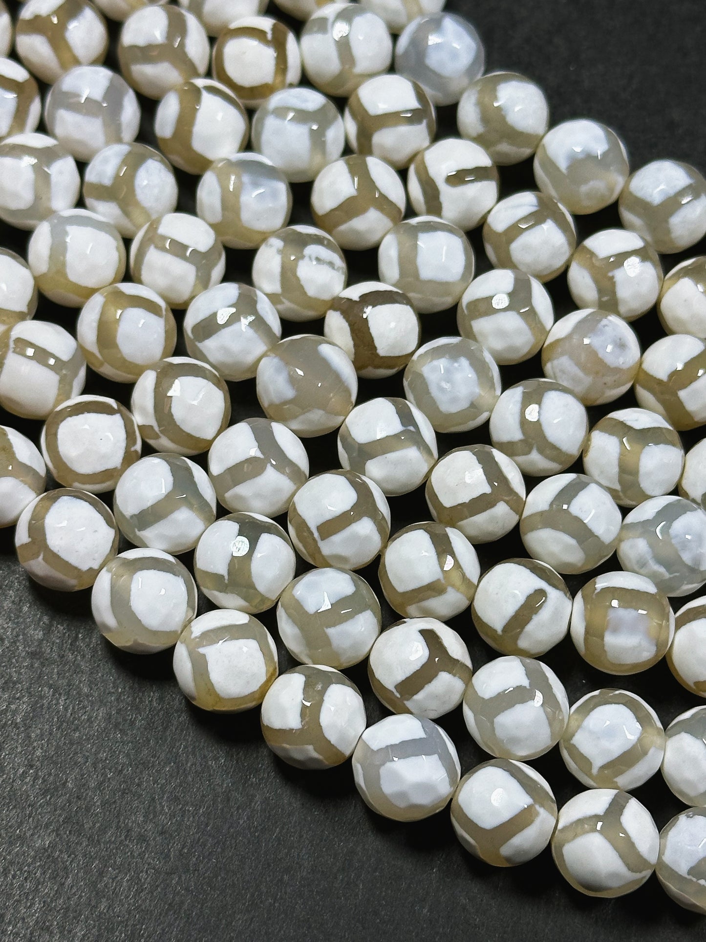 Natural White Hand Painted Tibetan Agate Gemstone Bead Faceted 6mm 8mm 10mm 12mm Round Beads, White Soccer Ball Design Full Strand 15.5"