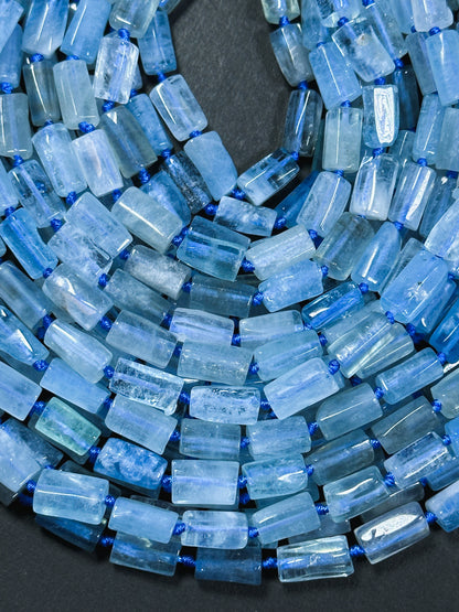 Natural Aquamarine Gemstone Bead Faceted 13x7mm Tube Shape, Beautiful Natural Aqua Blue Aquamarine Gemstone, Great Quality Full Strand 15.5"