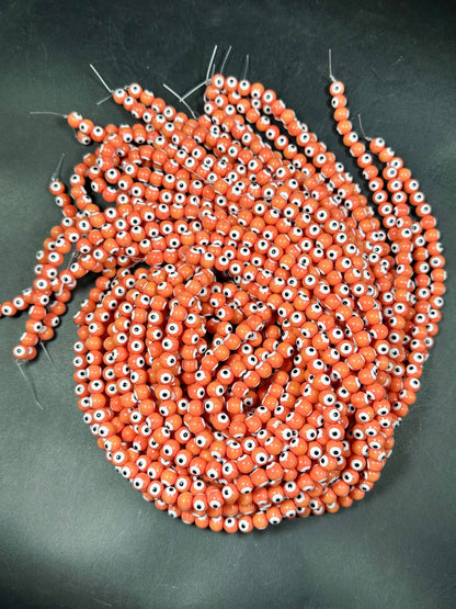 Beautiful Evil Eye Glass Beads 8mm Round Beads, Beautiful Orange Coral Color Evil Eye Amulet Glass Beads, Full Strand Glass Beads