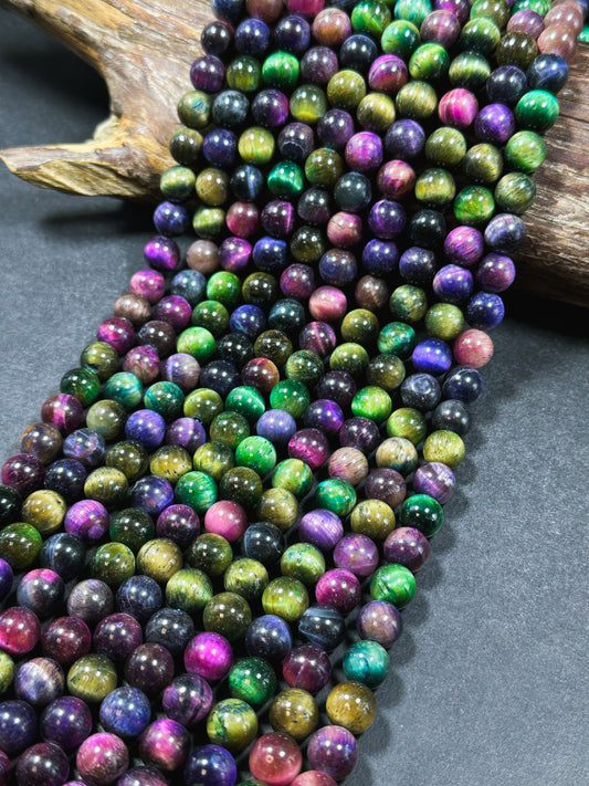 Multicolor Green Galaxy Tiger Eye Gemstone 6mm 8mm 10mm Round Beads, Gorgeous Multicolor Green Purple Teal Color Galaxy Tiger Eye Beads 15.5"