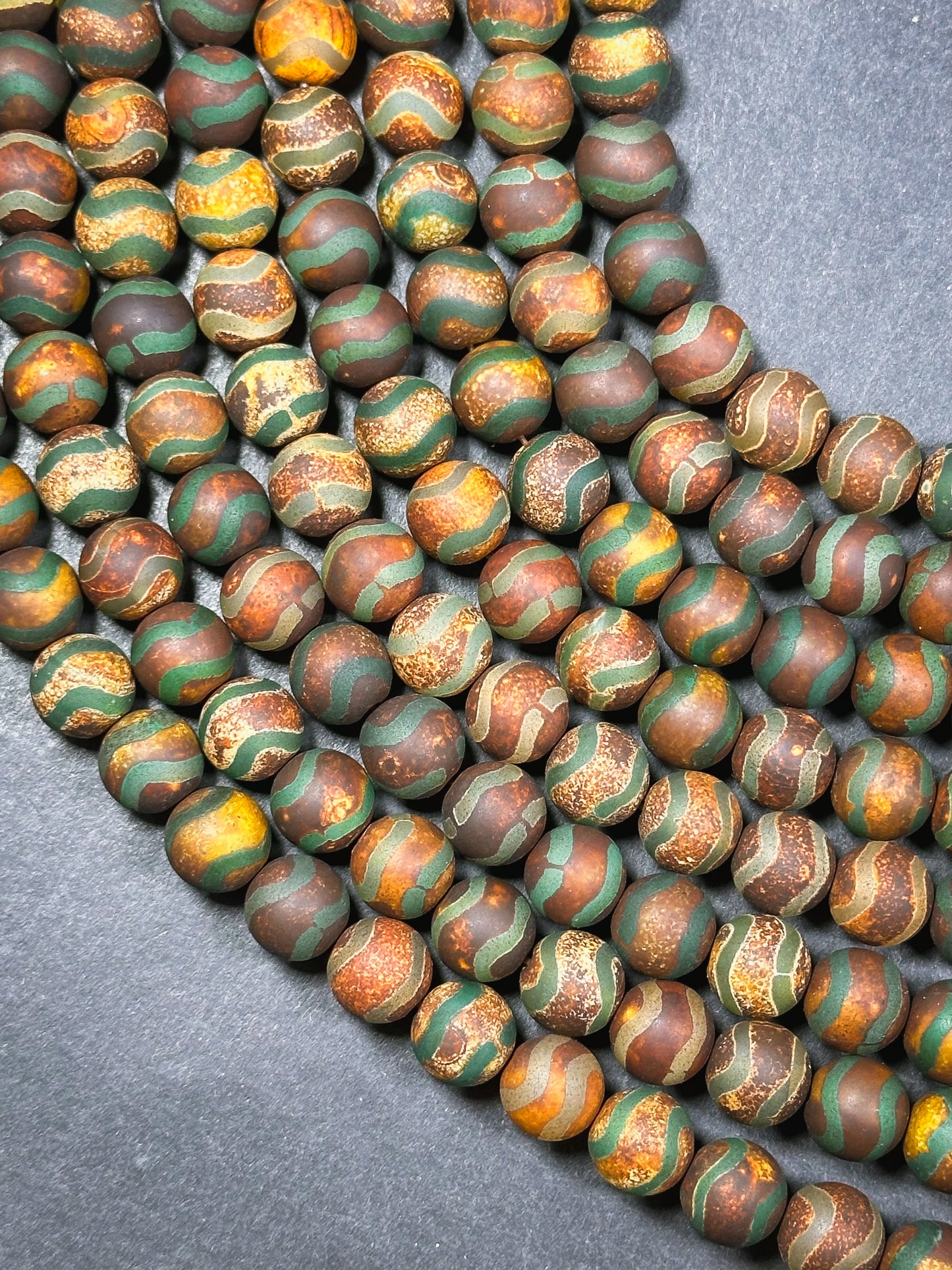 Natural Tibetan Agate Gemstone Bead 6mm 10mm 12mm Round Bead, Beautiful Brown Green Wave Design Tibetan Agate Gemstone Full Strand 15.5”