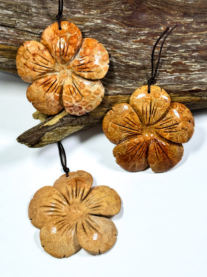 Hand Carved Natural Fossil Coral Gemstone Pendant 54mm Flower Shape, Beautiful Orange Red Beige Color Hand Carved Loose Fossil Coral Pendant