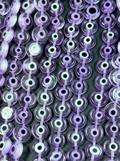 Beautiful Evil Eye Glass Beads 6mm 8mm 10mm Flat Coin Shape, Beautiful Purple Clear Color Evil Eye Glass Beads, Religious Amulet Prayer Beads