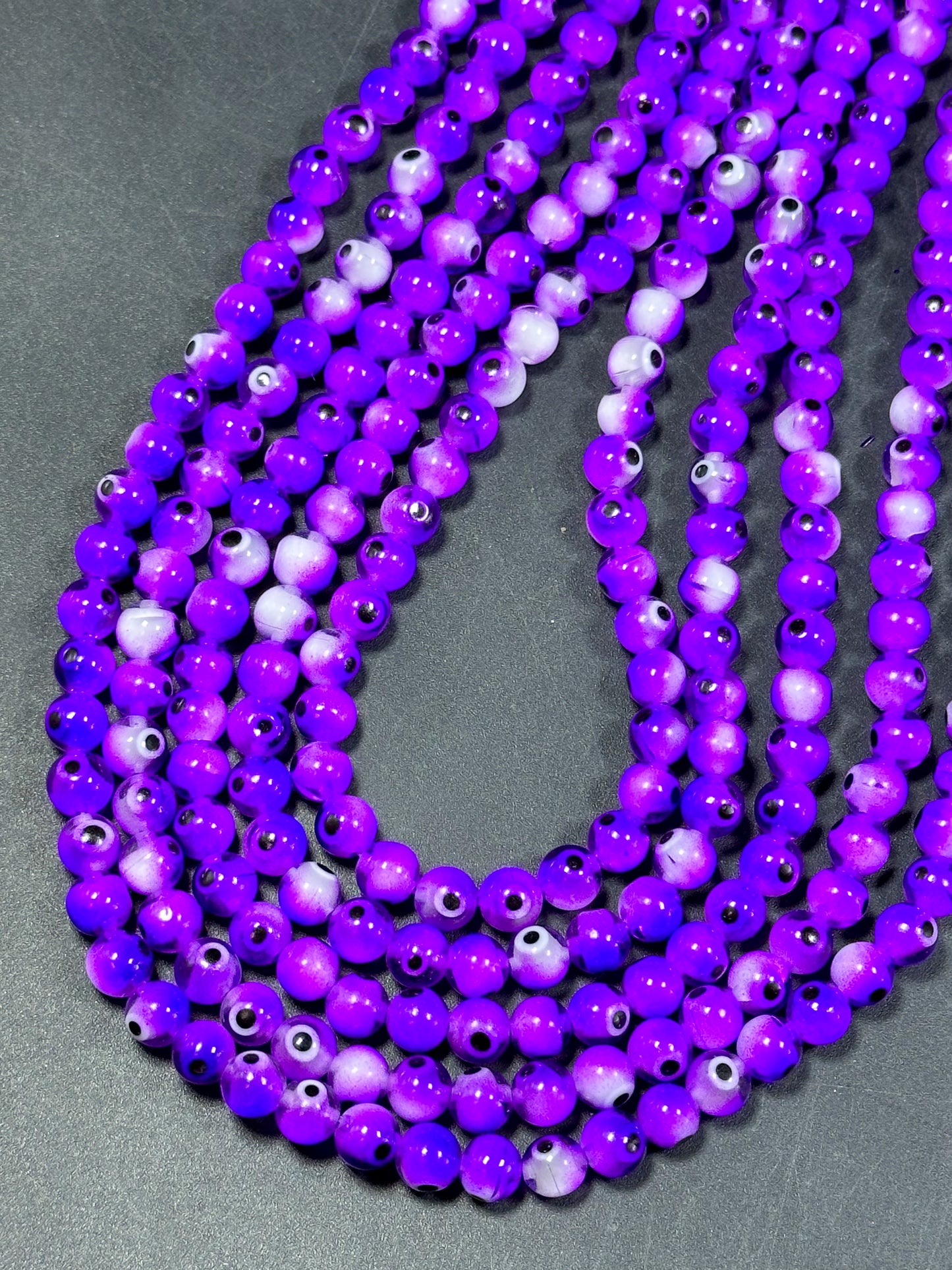 Beautiful Purple Evil Eye Glass Beads 6mm Round Beads, Beautiful Purple Clear Color Evil Eye Amulet Glass Beads, Full Strand Glass Beads