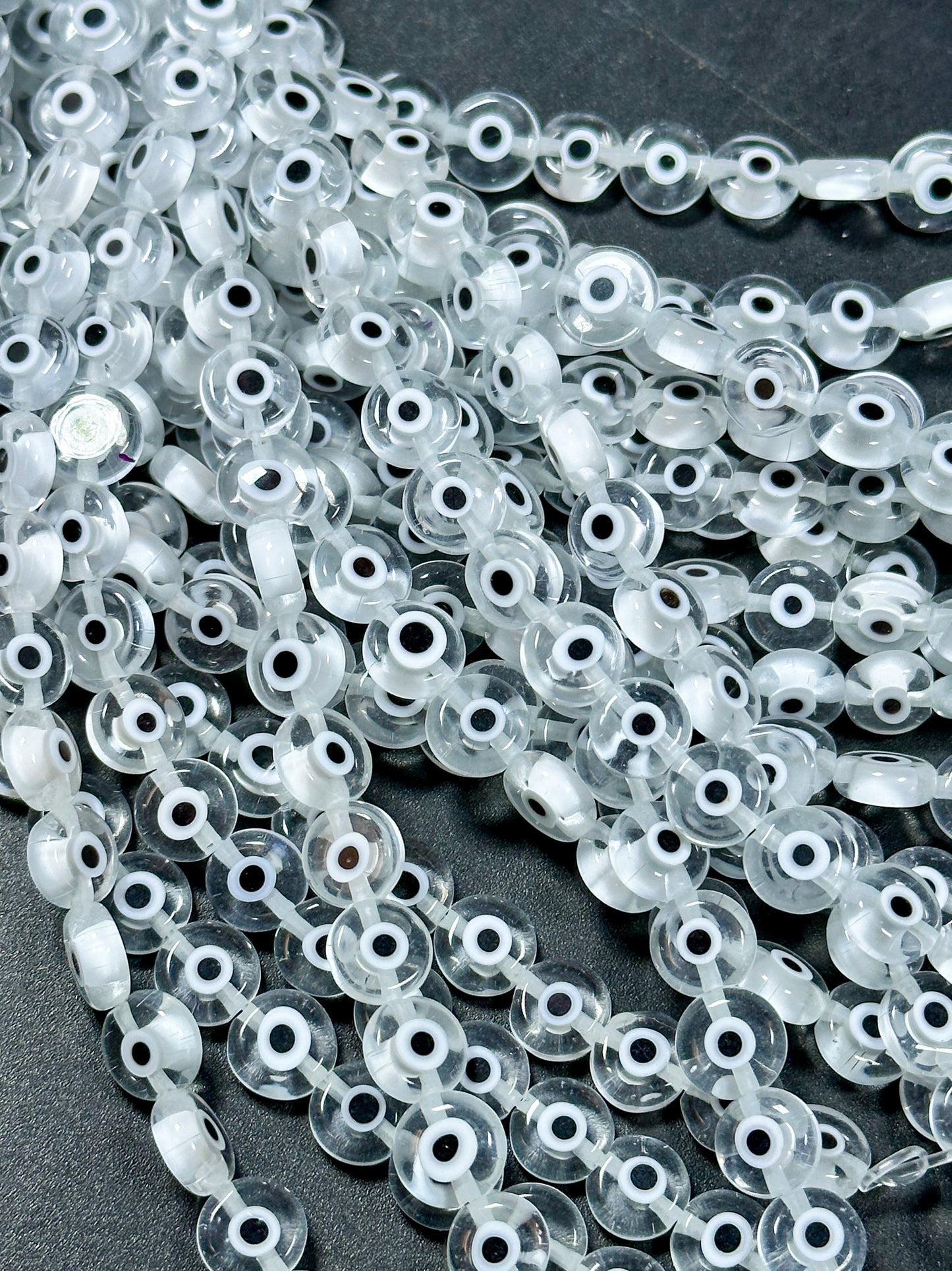 Beautiful Evil Eye Glass Beads 8mm 10mm Flat Coin Shape, Beautiful Clear Color Evil Eye Glass Beads, Religious Amulet Prayer Beads