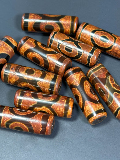 NATURAL Hand Painted Tibetan Agate Stone Bead 30x11mm Cylinder Tube Shape Bead, Beautiful Brown Black Color Hand Painted Tibetan LOOSE Beads