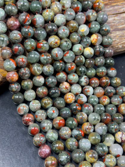 Natural African Bloodstone Gemstone Bead 8mm 10mm 11mm Round Beads, Beautiful Natural Red Gray Green Bloodstone Beads, Great Quality 15.5"