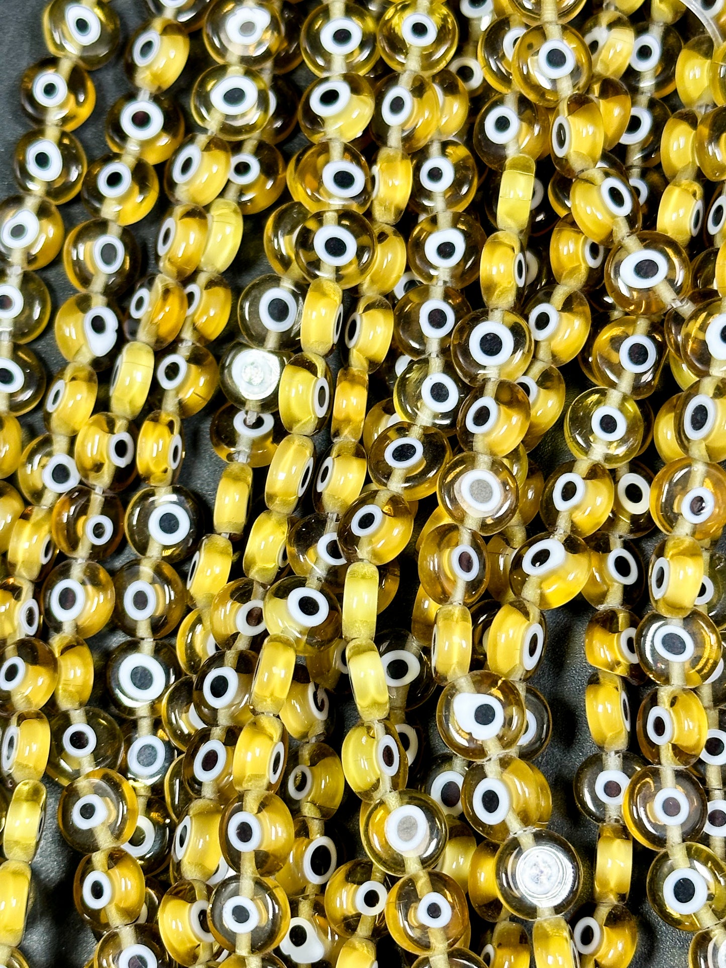 Beautiful Evil Eye Glass Beads 6mm 8mm Flat Coin Shape, Beautiful Yellow Clear Evil Eye Beads, Religious Amulet Prayer Beads